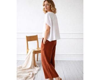 Pantalones anchos de lino color rojo óxido para mujer / Pantalones de lino con cintura elástica / Ropa minimalista de lino / Pantalones de lino de verano
