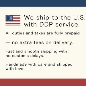 May include: Text on a cream-colored background with a blue and red border. The text includes "We ship to the U.S. with DDP service." and "All duties and taxes are fully prepaid - no extra fees on delivery."