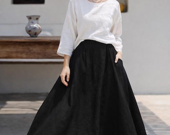 Black Linen Skirt Women High Waist Midi Linen Skirt Elastic Waist Summer Casual Minimalist Skirt Custom Size Available