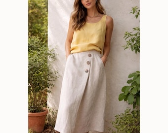 Falda minimalista de lino con cintura elástica y 3 botones – Falda midi transpirable de verano, color verde oliva, corte en A, cómoda para el día a día.