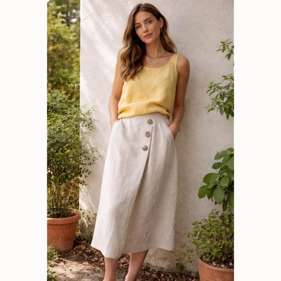 Minimalist Linen Skirt with Elastic Waist & 3 Buttons – Breathable Summer Midi Skirt, Olive Green A-line, Comfortable Everyday Wear