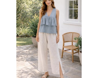 Breathable Linen Ruffle Top, 165gsm French Linen Tank Top, Soft Flowy Summer Blouse, Loose Fit Linen Cami, Custom Made Linen Top