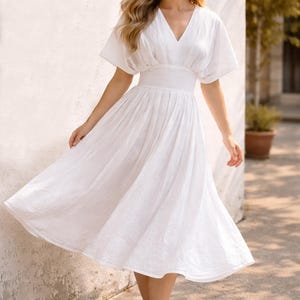 White Pleated Linen Dress Women / Slim Fit Summer Dress / Side Zipper Minimal Dress / Elegant Casual White Dress / Custom Size Dress image 2