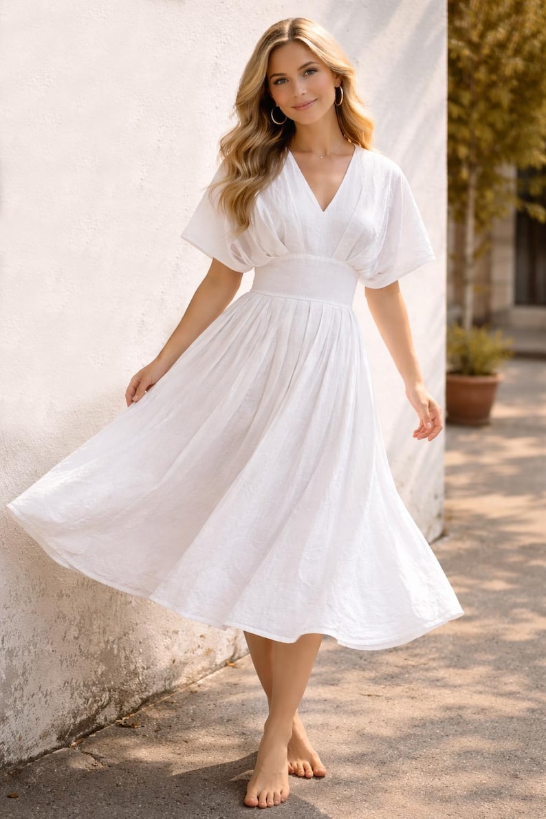 White Pleated Linen Dress Women / Slim Fit Summer Dress / Side Zipper Minimal Dress / Elegant Casual White Dress / Custom Size Dress image 2
