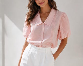 Blusa de lino rosa suave, camisa de lino francesa para mujer, top de lino estilo cottagecore, ropa de lino ligera de verano para mujer.