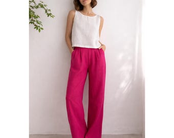 Pantalones de lino de pierna ancha para mujer, con parte delantera plana, cintura elástica en la parte trasera, cremallera lateral y palazzo de lino de cintura alta.