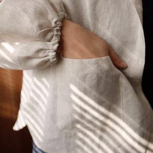 Natural Linen Hooded Shirt Women Long Sleeve Elastic Cuff Linen Top Casual Beach Hoodie Blouse Minimal Linen Clothing image 8
