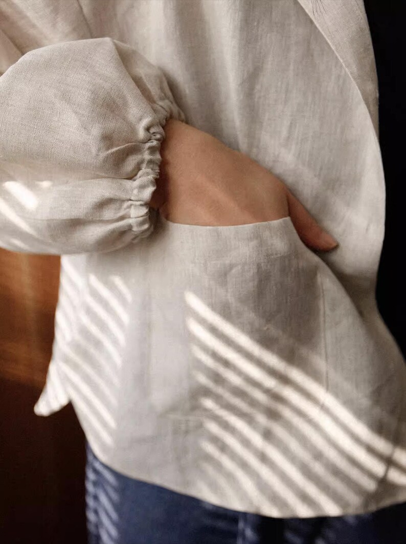Natural Linen Hooded Shirt Women Long Sleeve Elastic Cuff Linen Top Casual Beach Hoodie Blouse Minimal Linen Clothing image 8