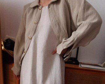Thick Linen Long Sleeve Top | Round Neck with Elegant Collar | Autumn/Winter Shirt | Custom Size