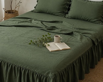 Falda de cama de lino verde bosque de lujo con volantes, ropa de cama de lino francés suave, funda de cama transpirable estilo cottagecore, elegante volante para la cama