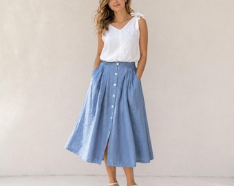 Blue French Linen Skirt  Women | 165gsm Breathable Linen Outfit | Flowy Cottagecore Midi Skirt | Elegant Summer Linen Clothing