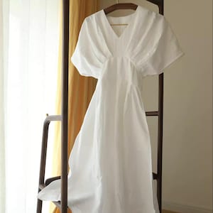 White Pleated Linen Dress Women / Slim Fit Summer Dress / Side Zipper Minimal Dress / Elegant Casual White Dress / Custom Size Dress image 7
