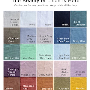 May include: A grid of twenty-five linen fabric swatches in various colors including natural, ivory, white, black, turquoise, charcoal, grey, blue, green, pink, purple, brown, red, terracotta, and yellow, with text labels for each color and title.