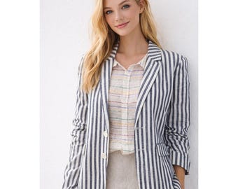 Linnen streepblazer dames, minimalistisch linnen jasje, lichtgewicht zomerblazer, natuurlijk linnen jas, aangepast linnen pak, slow fashion outfit
