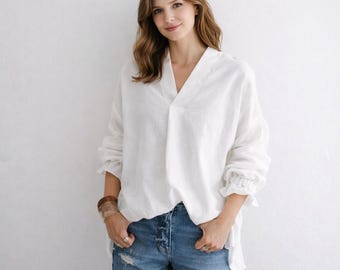 Blusa de lino de manga larga hecha a mano: blusa holgada con botones para mujer