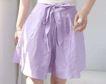 Pantalones cortos de lino plisados con cinturón / Pantalones cortos de lino de cintura alta / Pantalones cortos minimalistas de lino para mujer