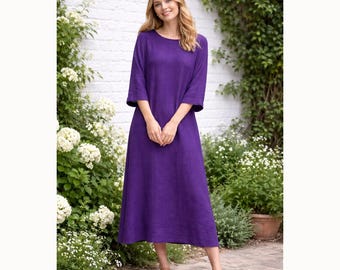 Vestido largo de lino morado para mujer / Vestido de verano transpirable de corte holgado / Ropa minimalista de lino natural / Tallas grandes y a medida