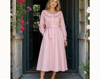 Pink Linen Maxi Dress Women, French Country Linen Dress, Romantic Cottagecore Outfit, Soft Washed Linen Clothing
