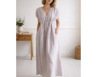 Vintage Linen Maxi Dress with V-Neck Adjustable Waist Belt and Pockets Customizable