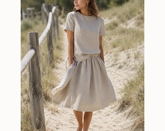 Falda midi fluida de lino francés con cintura elástica, falda de lino transpirable para mujer, falda de verano cómoda con bolsillos.