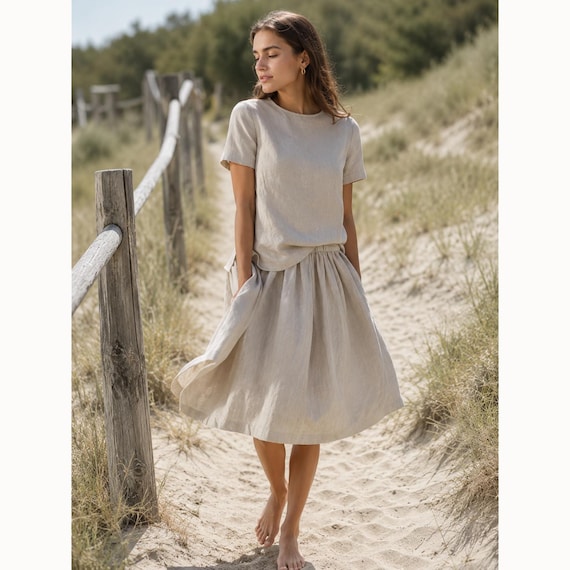 Flowy French Linen Midi Skirt with Elastic Waist, Breathable Linen Skirt for Women, Comfortable Summer Skirt with Pockets