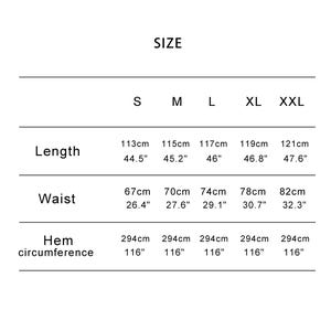 May include: A size chart with measurements in both centimeters and inches. The chart includes length, waist, and hem circumference for sizes S, M, L, XL, and XXL. Length measurements range from 44.5" to 47.6".