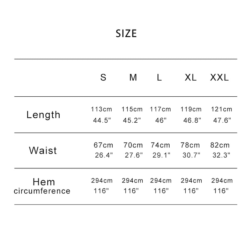 May include: A size chart with measurements in both centimeters and inches. The chart includes length, waist, and hem circumference for sizes S, M, L, XL, and XXL. Length measurements range from 44.5" to 47.6".