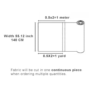 May include: Diagram of a fabric roll with dimensions. The width is 55.12 inches (140 CM). The text indicates the fabric will be cut in one continuous piece when ordering multiple quantities.