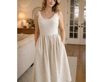 Stripe Linen Midi Dress Sleeveless Round Neck Open Back Summer Dress