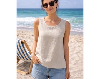 Camiseta de lino sin mangas para mujer, top de lino color oliva, blusa transpirable de verano, camisa minimalista de lino, ropa natural ligera.