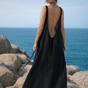 Black Linen Backless Dress, Adjustable Tie Back Maxi Dress, Loose or Fitted Linen Dress, Minimalist Summer Dress, Custom Size Available
