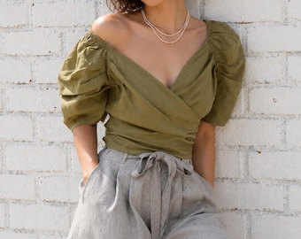 French Linen Puff Sleeve Wrap Top | Open Front Linen Blouse with Back Bow Tie| Romantic Cottagecore Linen Shirt | Custom Made Linen Top