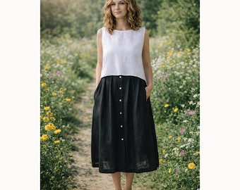 Falda midi de lino para mujer – Falda de talle alto con botones delanteros, falda de lino de corte A para verano con bolsillos, talla personalizada.