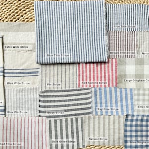 May include: Assortment of fabric swatches with various patterns, including stripes and checks. Colors range from blue, red, and gray to neutral tones. Patterns include wide and thin stripes, gingham checks, and awning stripes. The swatches are arranged on a woven background.