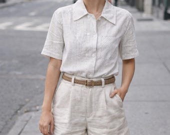 Blusa de lino de manga corta para mujer, camisa de lino a rayas, top con cuello de solapa, camisa de verano transpirable, ropa de lino de corte holgado.