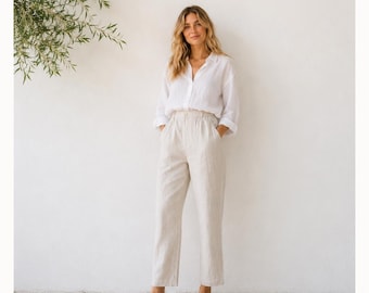 Pantalones de lino para mujer, 100% lino francés, 165 g/m², talle alto, corte holgado, transpirables, ideales para el verano. No son transparentes. Hechos a medida.