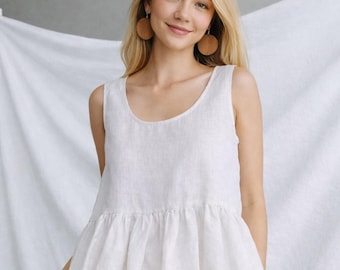 Top de lino con mangas con volantes / Blusa de lino francés de 170 g/m² / Camisa de verano transpirable y opaca / Top de lino minimalista hecho a medida GRATIS
