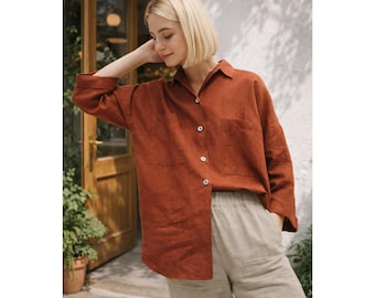 Vestido camisero de lino color óxido, camisa de lino extragrande para mujer, top de lino holgado, ropa de lino minimalista, túnica de lino hecha a mano