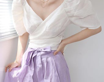 Blusa de lino cruzada con mangas abullonadas / Blusa minimalista de lino / Ropa de lino hecha a medida para mujer