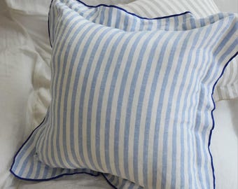 Funda de almohada de lino francés, funda de almohada de lino a rayas, funda de cojín de lino con borde de color, funda de almohada estilo rústico con cremallera oculta.