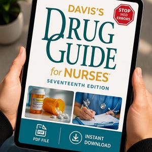 Op de afbeelding: Een tablet met de cover van "Davis's Drug Guide for Nurses, Seventeenth Edition". De cover toont de titel in teal en goud, met afbeeldingen van medicatie en een verpleegkundige. Inclusief "PDF FILE" en "INSTANT DOWNLOAD" knoppen.