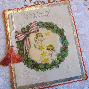vente! Était 12.95 Little Angels and Stars vintage Large Die Cut Joyeuse carte de Noël pour femme avec insert en satin et papier gaufré argenté