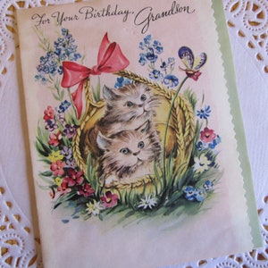 Ausverkauf! War 5.95 Purrfect Kitties im Blumenkorb Vintage Die Cut Geburtstagskarte für Enkel von Art Guild of Williamsburg/ um 1950
