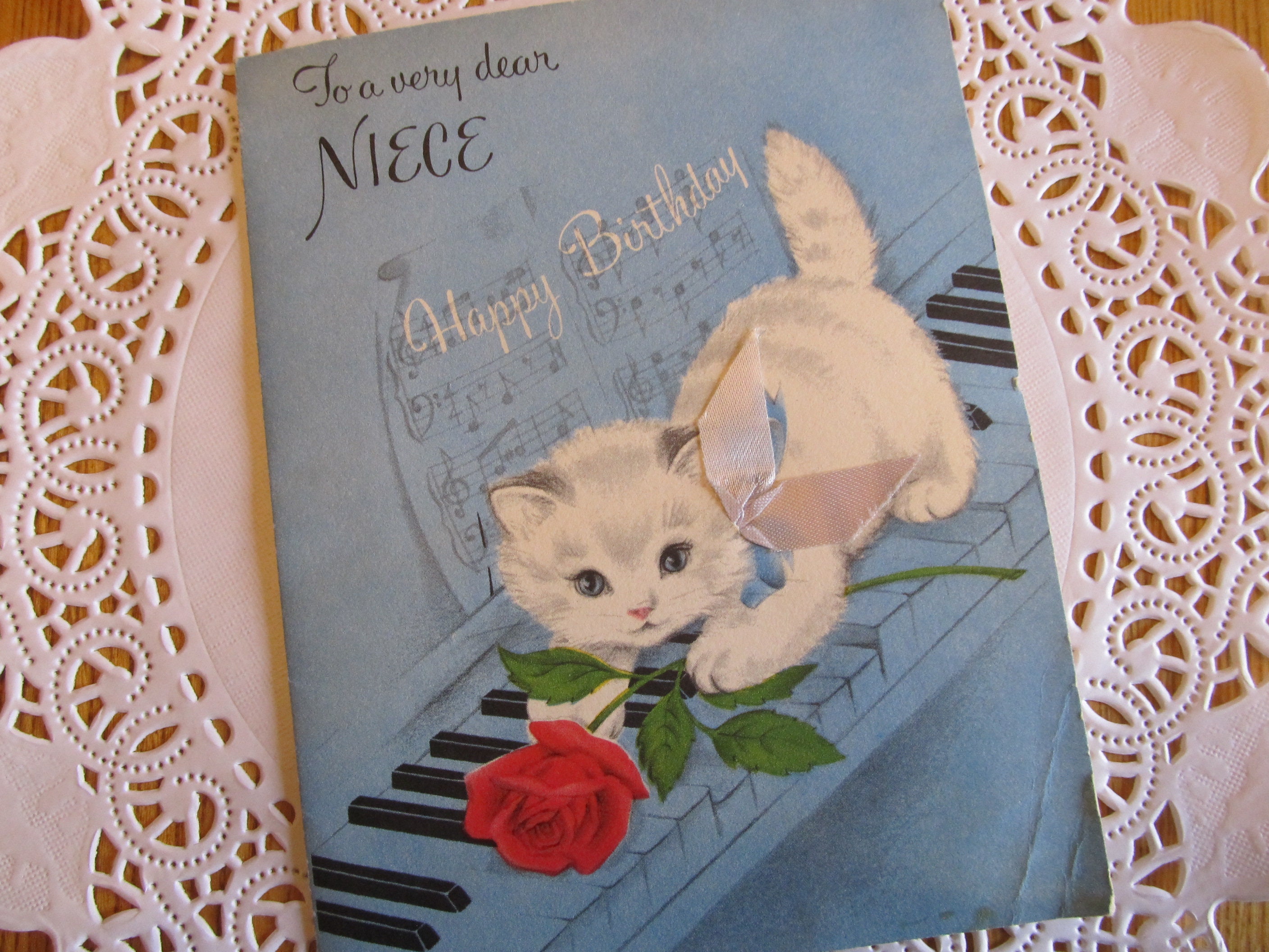 SALE Was 8.95 Two Sweet White Kittens Vintage Happy Birthday for Mother by Artist Marjorie Cooper of Rust Craft