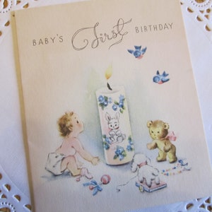 Ausverkauf! War 6.95 Wee Baby, Bluebirds, Bunny Candle, and Toy Friends, Vintage Baby es First Birthday Karte von Gibson