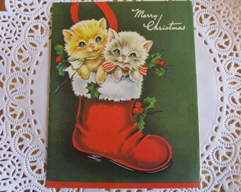 ヴィンテージ子猫のクリスマスカード：サンタブーツ、1940年代の