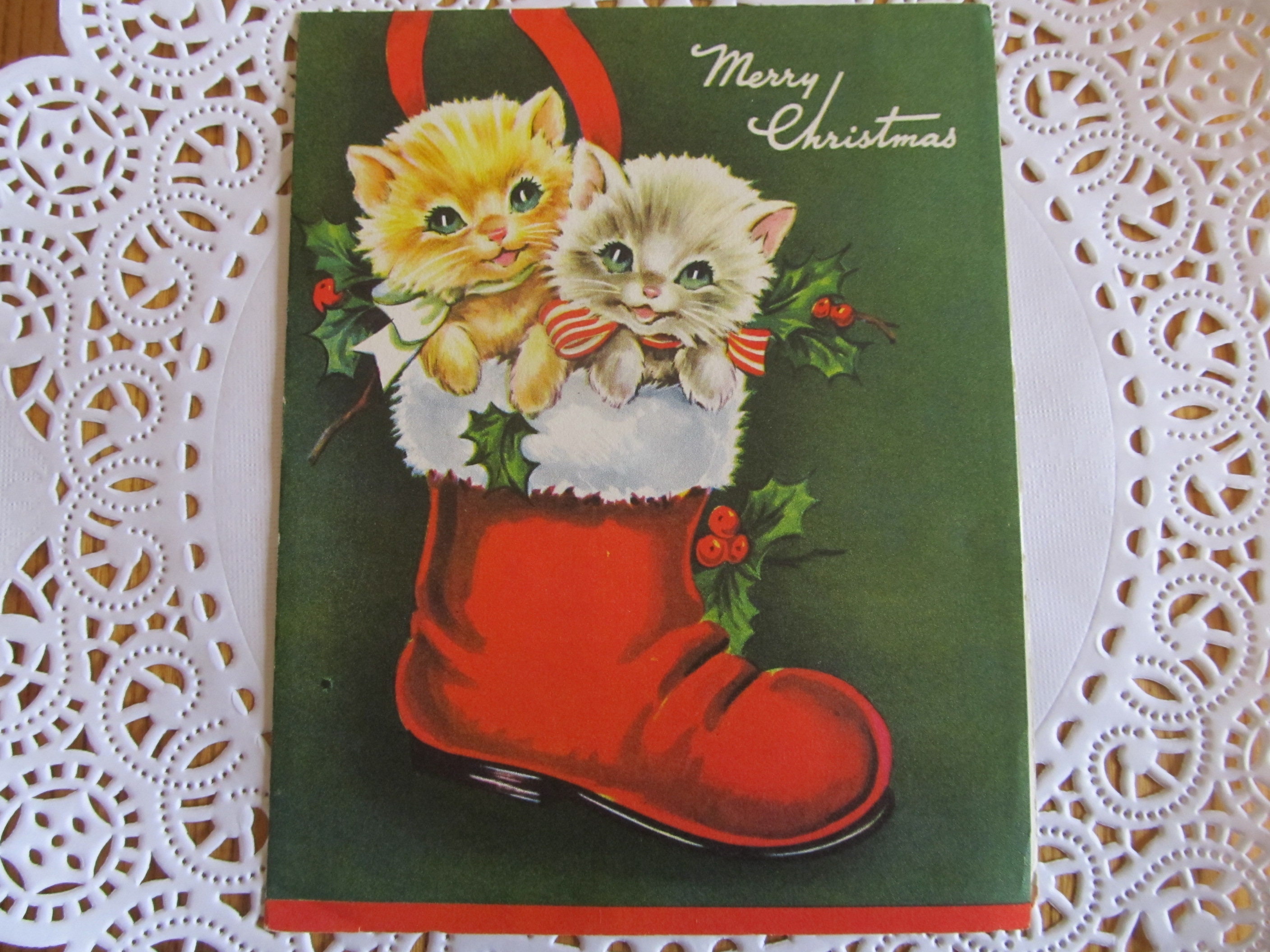 ヴィンテージ子猫のクリスマスカード：サンタブーツ、1940年代の