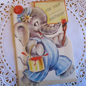VERKOOP! Was 4.95 Glimlachende Schilderlijk Olifant Vintage Die Cut Double Image Rust Craft Verjaardagskaart voor Jong Kind