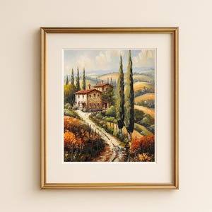 Decorazione murale con villa di campagna toscana, stampabile e scaricabile digitalmente per l'arredamento della casa, illustrazione di paesaggio rustico italiano