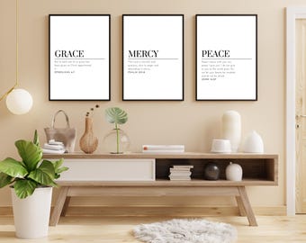 Zestaw ścienny Grace Mercy Peace – wydruki z chrześcijańskich pism świętych, minimalistyczna dekoracja wersetów biblijnych, pobieranie cyfrowe do domu, biura, pokoju modlitewnego